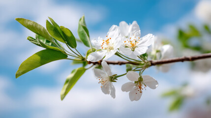 Obraz premium Apple tree branches in full bloom with white blossoms and light green leaves against blue sky