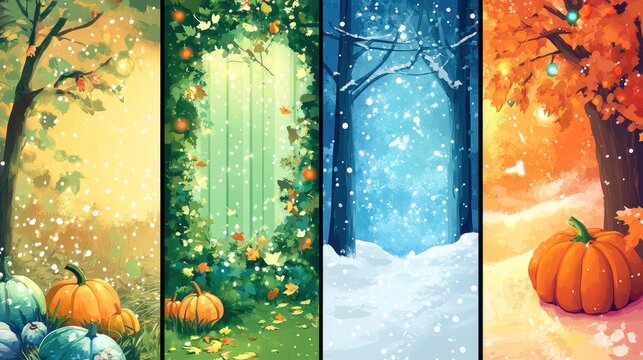 A poster with four different seasons, including a pumpkin in the winter