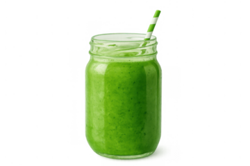 Green detox smoothie in a mason jar with straw, refreshing healthy blend for wellness and diet, transparent background