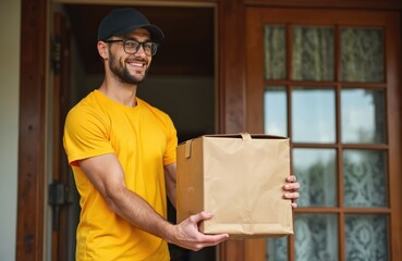 Delivery man in yellow shirt with glasses and cap stands at doorway holding brown package. He smiles, ready to hand over order for home delivery service, e-commerce, and online shopping.