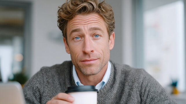 Confused businessman holding coffee cup at office desk