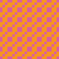 Pattern created from diagonal lines of small and large pink squares on an orange