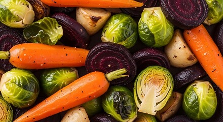 Assorted Roasted Vegetables Including Carrots Beets and Brussels Sprouts root vegetables