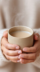 Cozy morning moment with hands holding warm coffee mug and rising steam