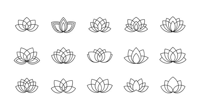 Set of 15 abstract line art lotus flower logos and icons, presented in a clean, modern, and minimalist style on a white background, perfect for branding, wellness, and spiritual themes.