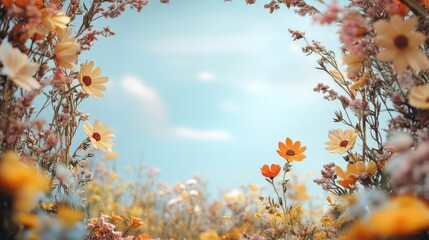 Fototapeta premium A field of flowers with a blue sky in the background