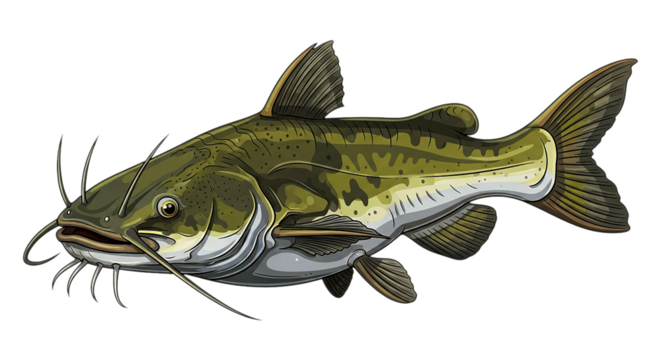Detailed illustration of a channel catfish swimming against a black background