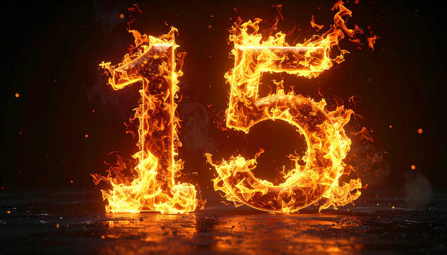3D rendering of number 15 made entirely of fire and flames, hot orange and yellow blaze