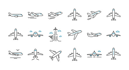Fototapeta premium Collection of minimalistic line art airplane and jet icons, symbolizing air travel, aviation, and transportation. This vector set features various aircraft designs, including planes in flight, taking