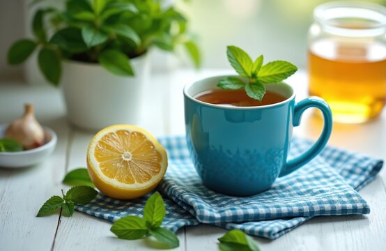 Morning herbal tea composition concept. Blue cup with fresh mint leaves. Half of lemon lies on napkin. Honey in jar. Healthy breakfast with vitamin beverage for wellness. Detox drink concept.