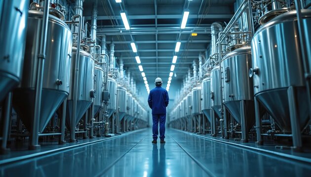 Modern factory worker inspects large metal tanks in industrial plant. Engineers oversee chemical synthesis production line for electronics manufacturing, clean facility.