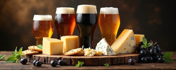 Various craft beer, gourmet cheese assortment on rustic wooden platter. Pints of dark, light ale served with crackers, grapes snack. Appetizer tasting board for food pairing event pub celebration