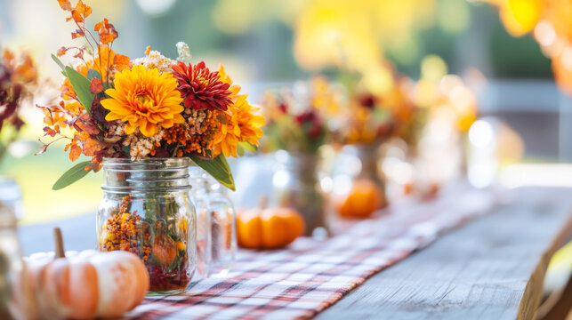 Festive fall brunch table setting with floral arrangements and autumn decor