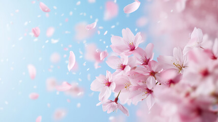 Tranquil scene of soft pink cherry blossoms gently falling against blue sky