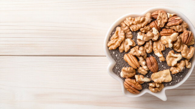 Brain health foods: close up of walnuts and chia seeds in a brain shaped bowl