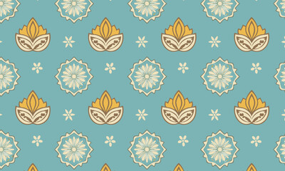 Floral Ethnic Mandala Pattern — Seamless Decorative Vector in Yellow and Teal Blue
