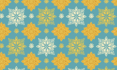 Mandala Floral Geometric Pattern — Seamless Decorative Vector in Yellow and Teal Blue