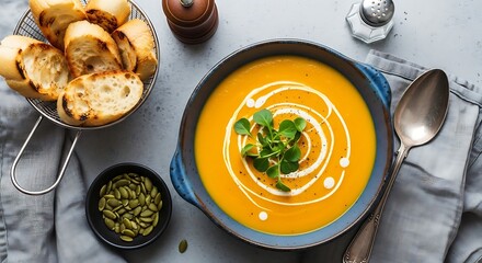 Bowl of Creamy Pumpkin Soup Garnished with Swirls and Greens Beside Toasted Bread and Seeds Keywords: pumpkin soup, butternut squash soup, creamy soup, orange soup, garnish, swirl, cream