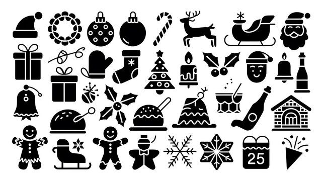 Collection of christmas icons and symbols in silhouette style