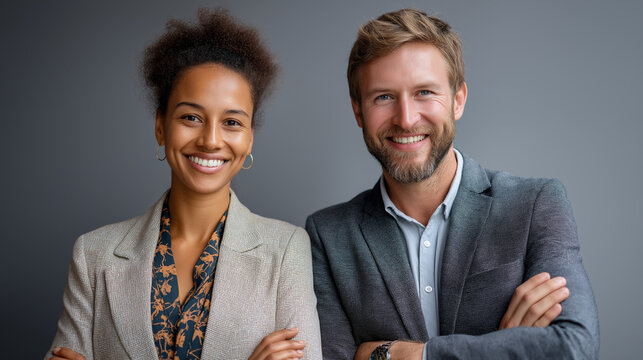 Portrait of happy multiethnic business couple arms crossed, confidence, partnership, leadership, professional studio, success vibe, with copy space