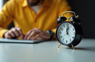 Man works on tablet with alarm clock nearby. Deadline approaching fast, late night work session. Busy schedule, overwork concept. Person focused on task, time ticking.