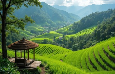 Green rice terraces form picturesque landscape. Hut offers scenic view of hills. Lush nature and sky present beauty. Travel destination for calm ecotourism in Asia with fresh air.