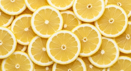 Overhead View of Fresh Lemon Slices Filling the Frame Keywords: lemon, citrus, fruit, slices, yellow, fresh, food, healthy, juicy, vibrant, pattern, texture, background, overhead, top view