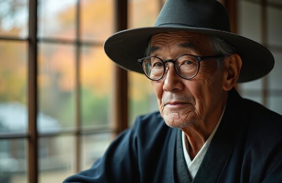 Wise elderly Japanese man wears dark traditional kimono, round glasses, fedora hat. Sits thoughtfully indoors by wooden framed window. Outside warm autumn trees blur. Serene face reflects peace, deep
