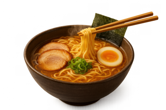Japanese ramen noodle soup in a bowl with pork, egg, seaweed, and scallions, chopsticks lifting hot noodles, steam rising, transparent background - Powered by Adobe