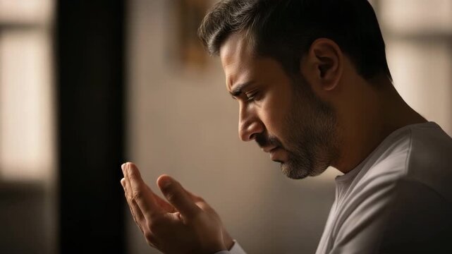 Man offering silent prayers during Laylat al Bara'at, expressing deep emotion and spirituality in a serene setting