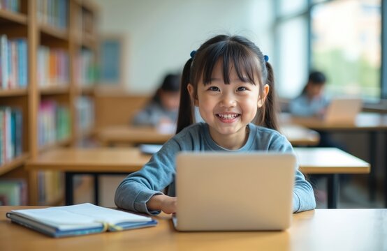 Smiling asian girl studies at laptop in library. Other kids learn with computers nearby. Young student uses tech for education at school desk. Childhood knowledge acquisition.