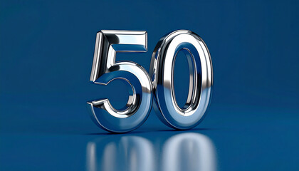 Number 50 in shiny silver metallic finish, elegant reflections, blue background, modern design