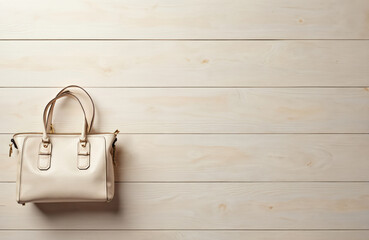 Naklejka premium Beige leather handbag with gold hardware rests on a light wood plank surface. Top view of this chic accessory offers ample copy space for text.