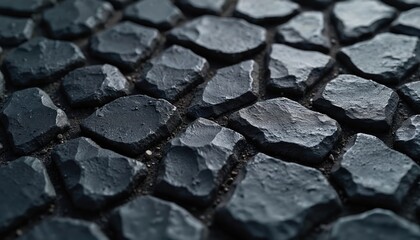 Dark grey rough stone pattern. Irregular shapes create a textured surface for flooring or wall decor. Natural material with abstract geometric design.