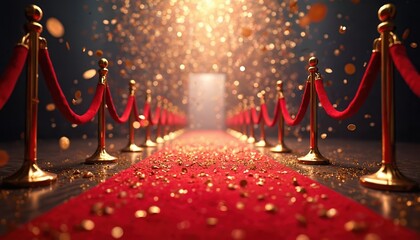 Red carpet pathway with golden stanchions and velvet ropes leads into bright light. Festive confetti falls over plush fabric creating glamorous entrance for VIP guests at special event.