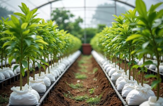 Rows of young cocoa trees grow in rich green nursery greenhouse. Seedlings are neatly planted in white bags on fertile soil beds. Agricultural farm cultivates plants for future harvest and production.
