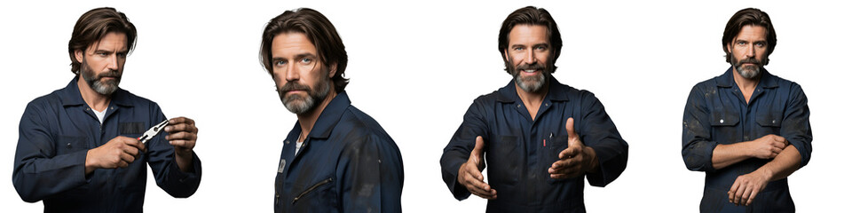 Four professional male mechanics in work coveralls, performing tasks, greeting, and ready for service. Isolated on a transparent background, ideal for automotive, repair,