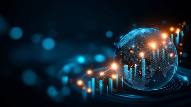 Global growth network with data analytics, AI, blockchain, cybersecurity icons, business strategy, fintech, stock market, digital transformation, with copy space