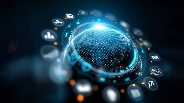 Global growth network with data analytics, AI, blockchain, cybersecurity icons, business strategy, fintech, stock market, digital transformation, with copy space