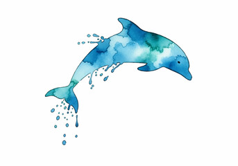Watercolor art of a jumping dolphin with a splash and splatter effect, blue and turquoise colors, 