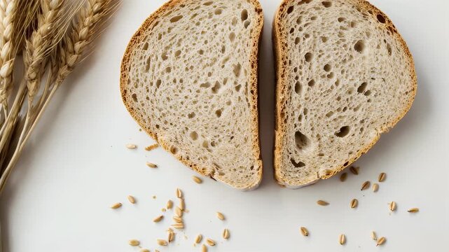 Two slices of bread next to wheat stalks on a plain white surface, simple food photography