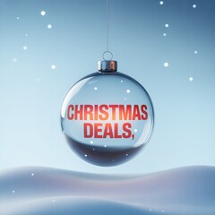 Christmas deals text inside a bauble on a snowy background