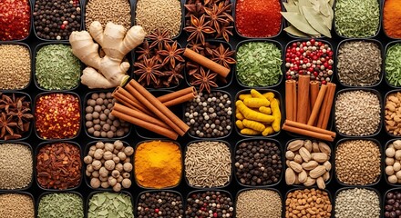 Grid of Various Spices and Ingredients in Small Bowls with Ginger and Cinnamon Sticks Keywords: spices, ingredients, grid, bowls, ginger, cinnamon sticks, star anise, bay leaves, turmeric, paprika