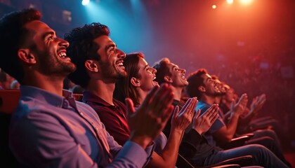 Group of friends laugh and clap hands at live show. People sit in theater seats enjoying performance with bright stage lights. Excited audience members experience entertainment.