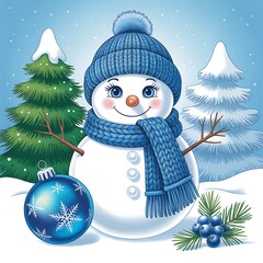 Cute snowman with blue scarf and hat in winter