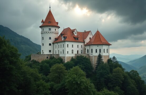 White castle with red roof sits on green forested hill. Tower and multiple buildings stand against cloudy sky. Distant hazy mountains form backdrop. Estate looks historic.