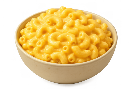 Macaroni and cheese in white bowl, creamy pasta meal, comfort food, delicious cheesy dinner, transparent background