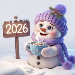 Cute snowman holding hot chocolate and sign 2026