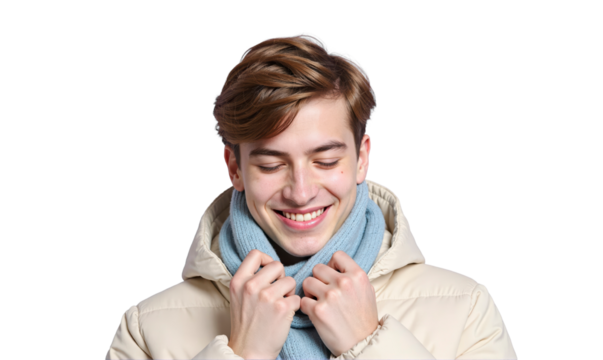 Young man smiling happily while enjoying the cold weather dressed in a cozy winter sweater