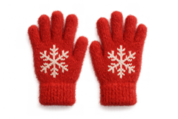 Red knitted gloves with white snowflake pattern for winter season and christmas holiday on transparent background, keeping hands warm and cozy